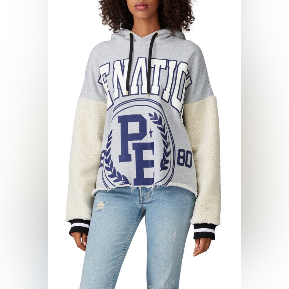 P.E. Nation Collegiate Squad Hoodie, Sz XS Distressed Sherpa Cropped Sweatshirt